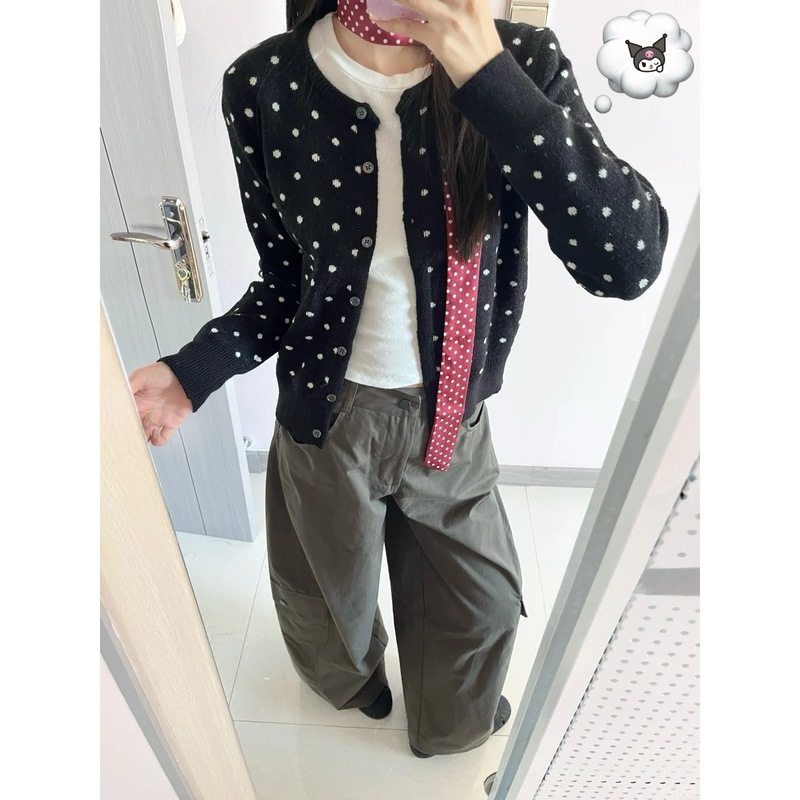 气质撞色波点针织开衫女春秋季小众慵懒风高级感毛衣纽扣外套上衣|undefined