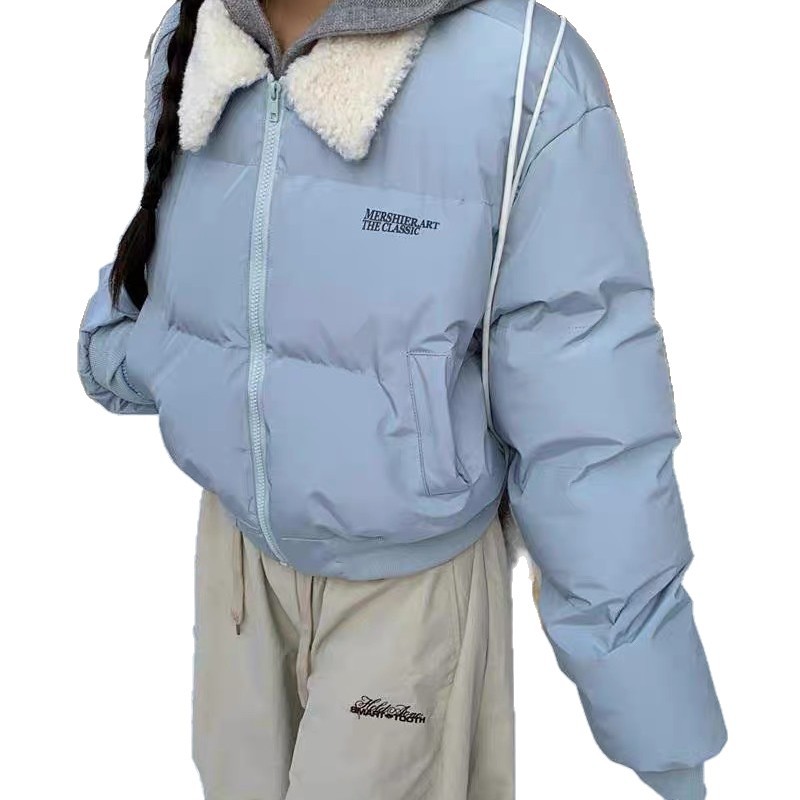 Letras bordadas empalmadas con solapa plumón chaqueta de algodón para mujeres 2025 invierno suelto y grueso chaqueta corta de algodón image 5