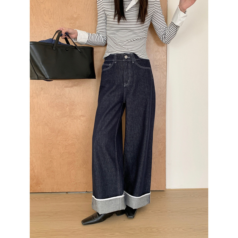 Gagd Non-Fading Two-Way Dark Blue Straight Wide-Leg Tencel Jeans Floor-Length High-Waisted Cuffed Slimming