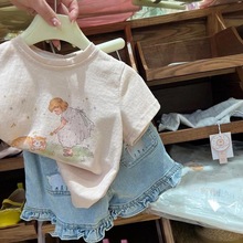 女童24韩版夏款套装童装儿童休闲卡通T恤短袖花边牛仔短裤两件套