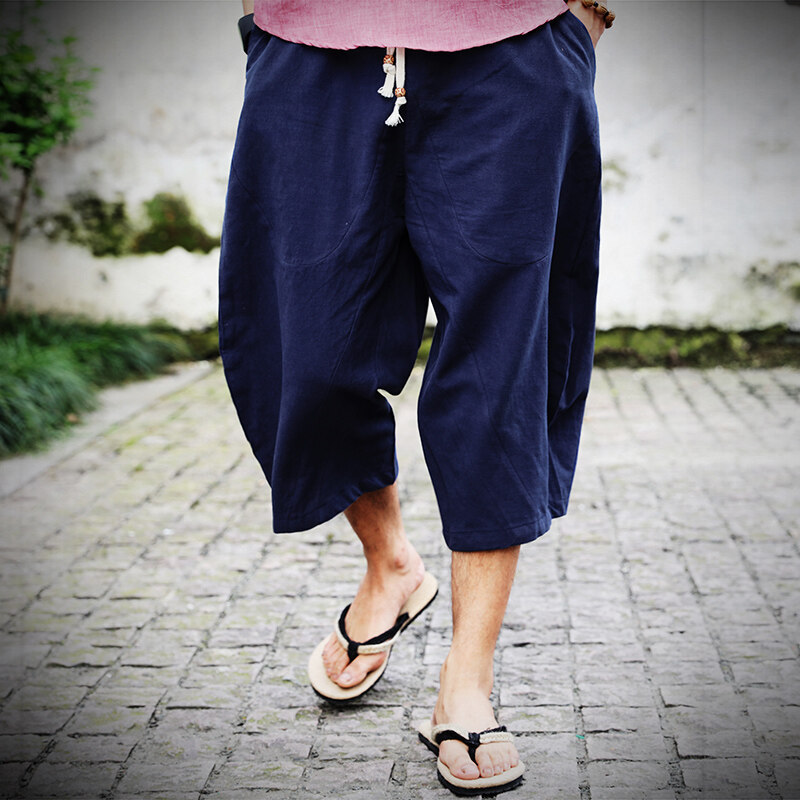 Loose Plus-Size Cotton-Linen 7/8 Pants Trendy Chinese Style Men's Wide-Leg Shorts for Big and Tall Men Summer Casual Shorts