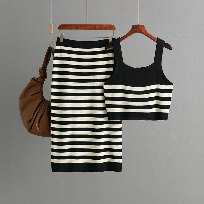 246g Weight Sleeveless Sleeve Length Ice Silk Fabric Type Leisure Suit Sets Type Daily Occasion Collarless Neckline Contrast Binding Function Slim Fit Type Stripes/Plaid Pattern Summer Season Women's Gender Basic, Commute style Style Daily Women's Basic Commute Style Stripes/Plaid Ice Silk Leisure Suit Skirt Sets 2