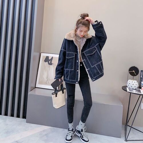 Autumn/Winter 2025 New Korean Loose Fleece Lined Thick Denim Jacket for Women Fashionable Versatile Lamb's Wool Ins Trendy