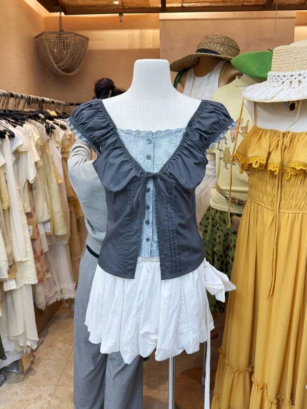 Sweet and Spicy Style Design, Fake Two-Piece Puff Sleeve Shirt for Women, Summer Waist-Cinching Slimming Patchwork Short-Sleeve Blouse Top Sweet and Spicy Style Design, Fake Two-Piece Puff Sleeve Shirt for Women, Summer Waist-Cinching Slimming Patchwork Short-Sleeve Blouse Top