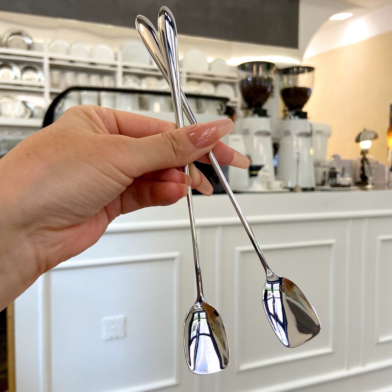 304 Stainless Steel Square Head Spoon Long Handle Coffee Mixing Spoon Bar Ice Spoon Bar Spoon Household Honey Dessert Spoon Cross-border