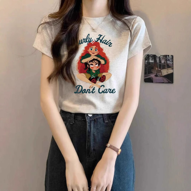 Design Sense American Sweet Spice Girl Slim-fit Short-sleeved T-shirt Women's Summer Ins Chic Unique Cartoon Printed Round Neck Top