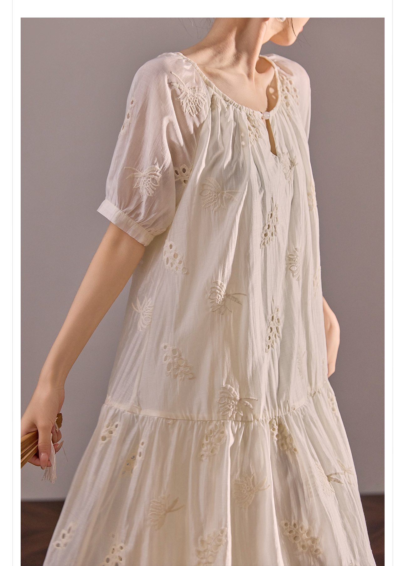 Váy maxi dáng rộng phong cách Trung Hoa mới cao cấp mùa hè chất Tencel cho người dáng nhỏ — Màu trắng nhạt chi tiết 11