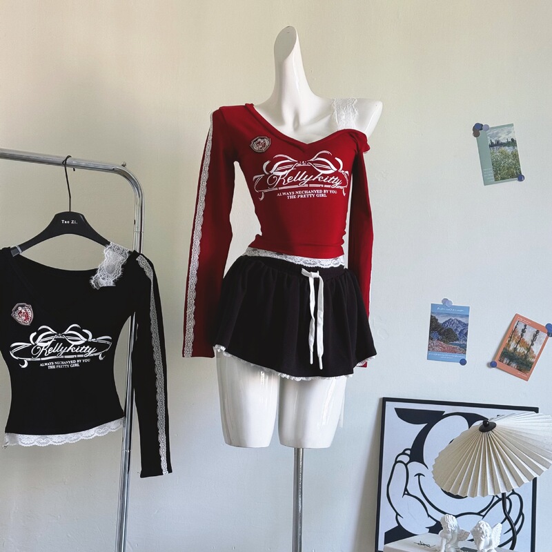 Little Eyes Wild Rose Sweet Wine American Style V-neck Lace Hot Girl T-shirt Women's Autumn and Winter Long Sleeve Slimming Shoulder Inner Top