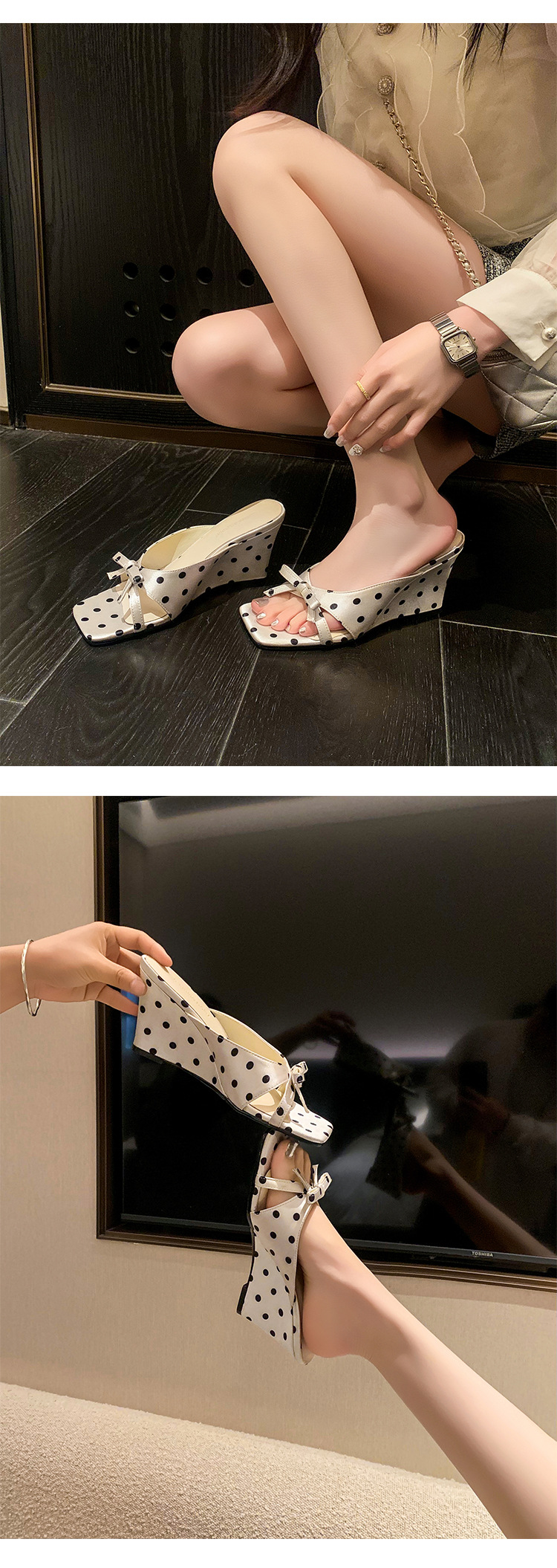 Sandal cao gót nữ hở mũi mũi vuông phong cách Pháp, quai ngang nơ bướm, đế xuồng chấm bi — màu đen, màu trắng chi tiết 6