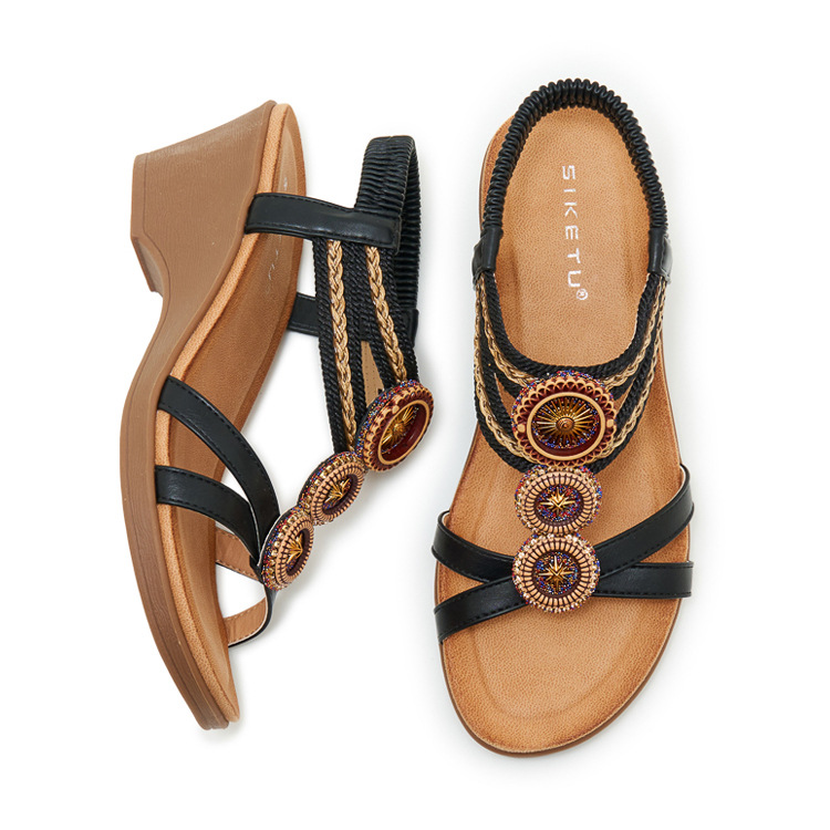 Sandal cao gót nữ phong cách Bohemian đế xuồng, đính đá và dệt kim loại, quai ngang — Champagne màu, màu đen, màu vàng chi tiết 34