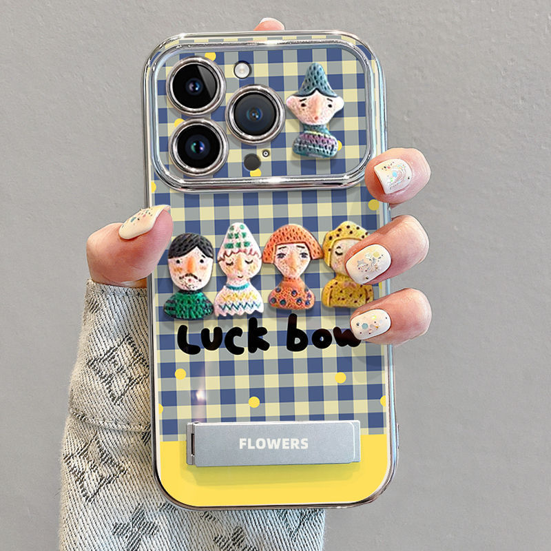 Suitable for Apple 17Pro Mobile Phone Case, New Style with Lanyard, Apple 16 High-End Niche Plaid Doll Character