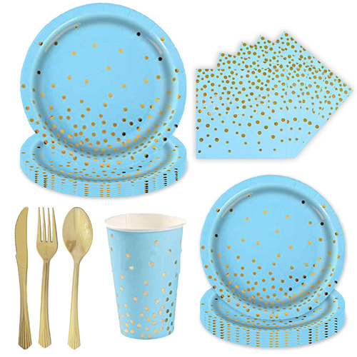 Scattered dots blue hot stamping party set disposable paper plates paper cups paper towels tableware dinner plate set party