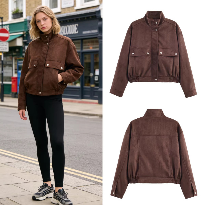 Z Brand Foreign Trade Cross-Border Ready-Stock Women's Clothing 2026 Spring New Style Pocket-Decorated Suede Pilot Jacket