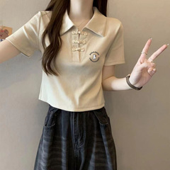 中国風半袖中国風ポロカラーボタンショルダーソリッドカラーTシャツレディースショートVネックフレッシュスリムフィットトップ