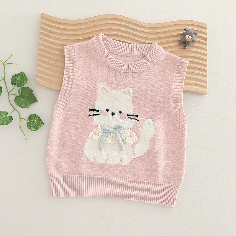 女童针织马甲春秋2025新款宝宝马夹卡通猫婴儿毛衣背心外穿坎肩