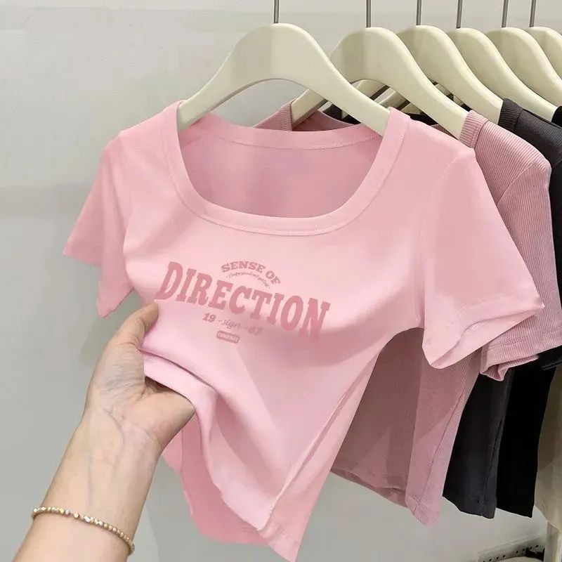 Short Square-Neck Short-Sleeve T-Shirt for Women, Summer Regular Shoulder Slim Fit Cropped High-Waisted Niche Crop Top for Petite Spicy Girls