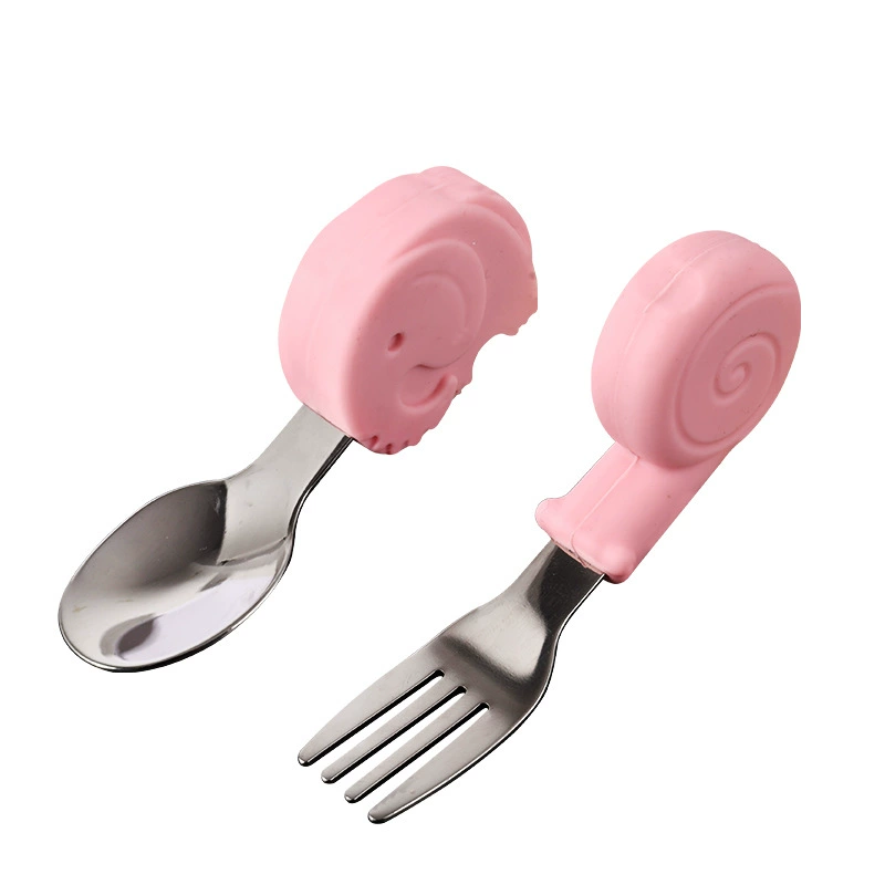 Spoon for baby, fork, children's silicone set, teaching tableware stainless steel for training, (Cross-border trading)