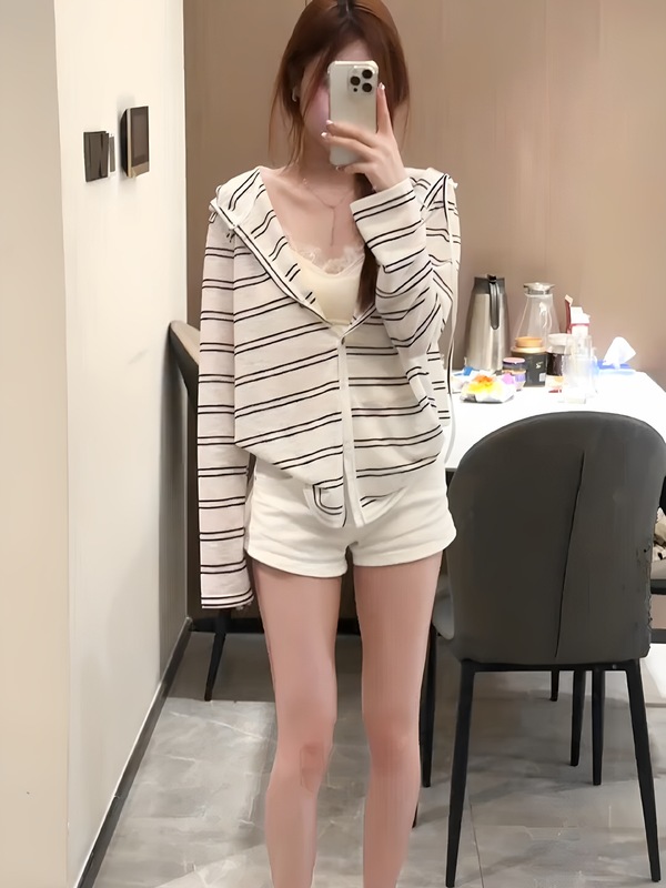 早秋薄纱松弛感条纹连帽长袖外套开衫女宽松外搭薄款防晒罩衫上衣|undefined