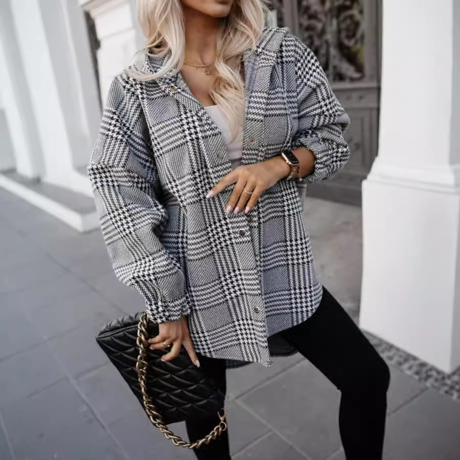 Foreign trade women's autumn new hooded plaid coat loose fashion casual cross-border AliExpress Amazon wish