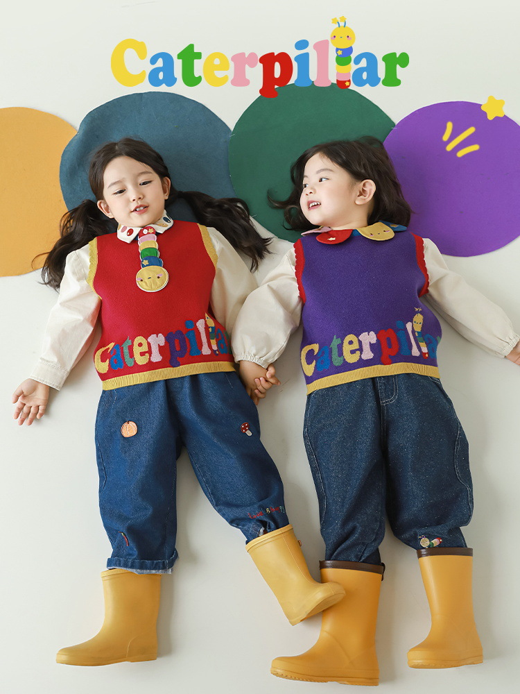 Wulibu Girls' Rainbow Series Set 2026 Spring Vest Jacket with Bug Embroidery Shirt and Wide-Leg Overalls