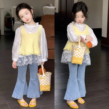 女童套装2025春秋新款女宝宝针织马甲蕾丝边衬衫牛仔喇叭裤三件套