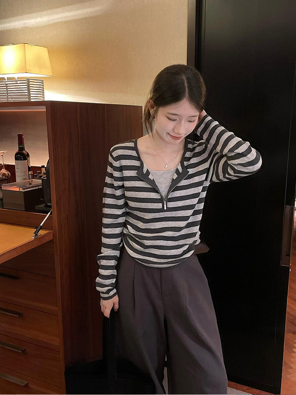 韩系时尚条纹半拉链长袖T恤女早秋氛围感穿搭休闲修身短款上衣潮|undefined