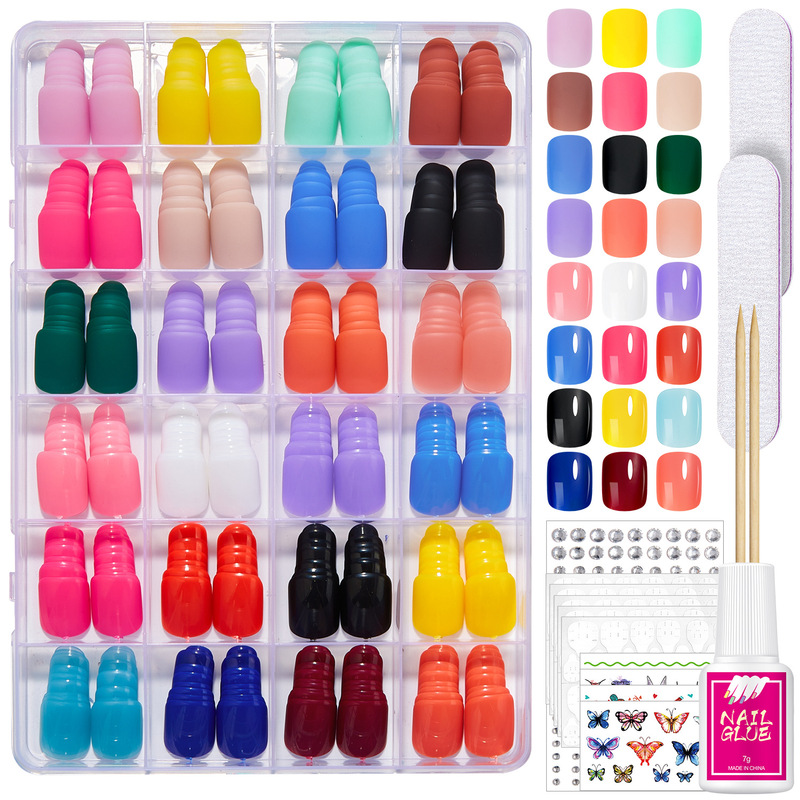Foreign Trade Nail Art 576-Piece Box Set with Glitter, French Matte Style, High-End Short Square Nails, Press-On Fake Nails
