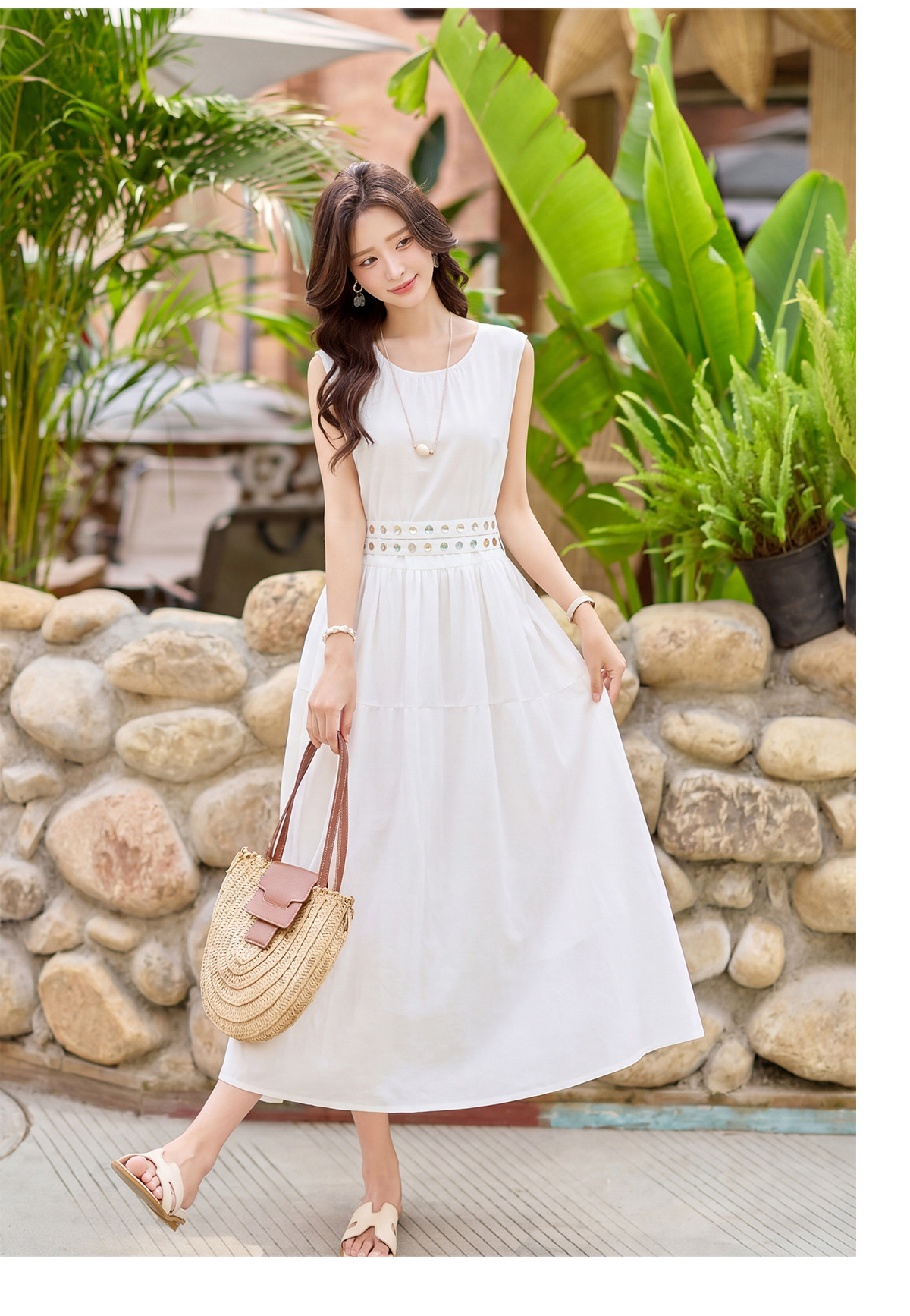 Đầm suông nữ midi không tay dáng rộng dài quá gối MJ5611 — màu trắng, xanh lá cây, màu vàng chi tiết 21