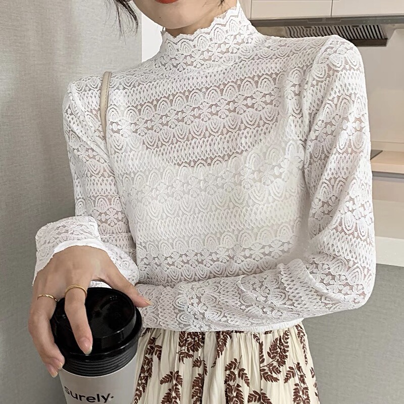 European Station full lace hollow bottoming shirt women's half turtleneck pullover long sleeve T-shirt Western style Korean style lace shirt top