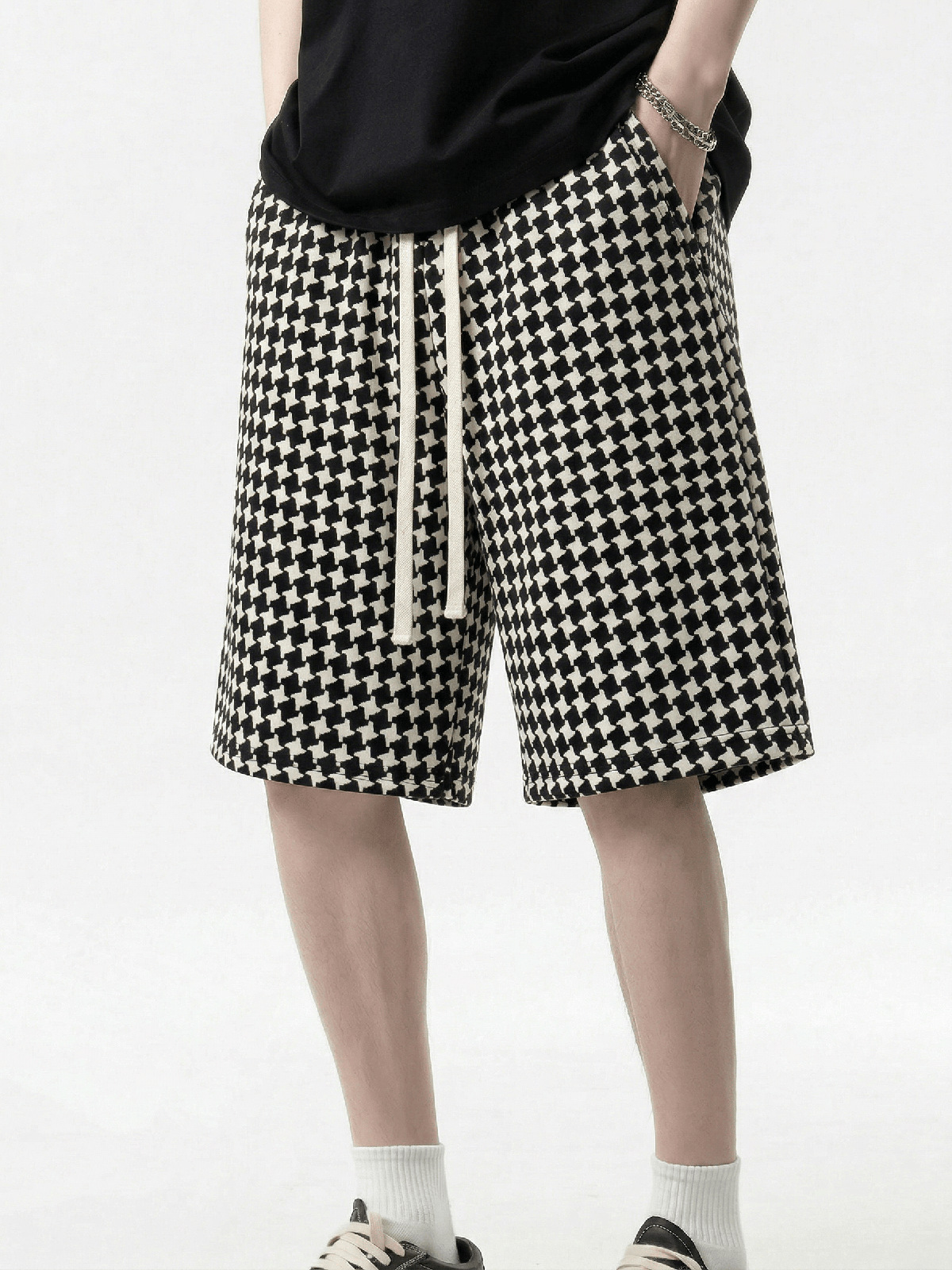 Men's Houndstooth Print Shorts Summer Thin Style Casual High Street Retro Loose Straight Leg Five Pocket Pants_viptrois.com