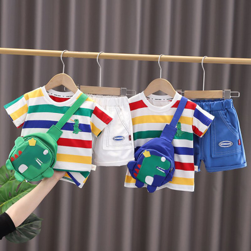 Baby boy summer striped bag set 1-2-5 years old boy children's clothing children's fashionable two-piece set one piece drop shipping
