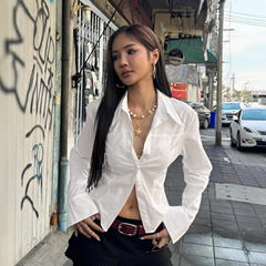 学院风分割显瘦纯色衬衫美式通勤单排扣修身长袖上衣后背系带衬衣