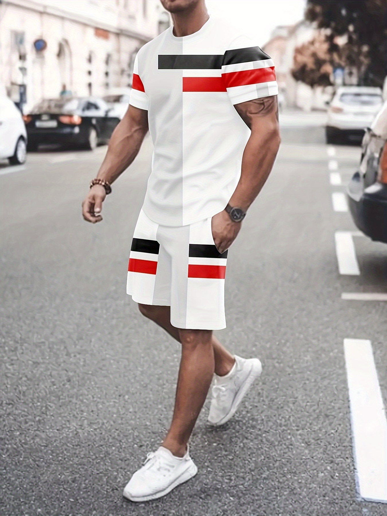 Comercio exterior europeo y americano verano nuevo estilo moda hombre simple impresión 3D a juego de color camiseta de manga corta traje de 2 piezas para hombre al por mayor