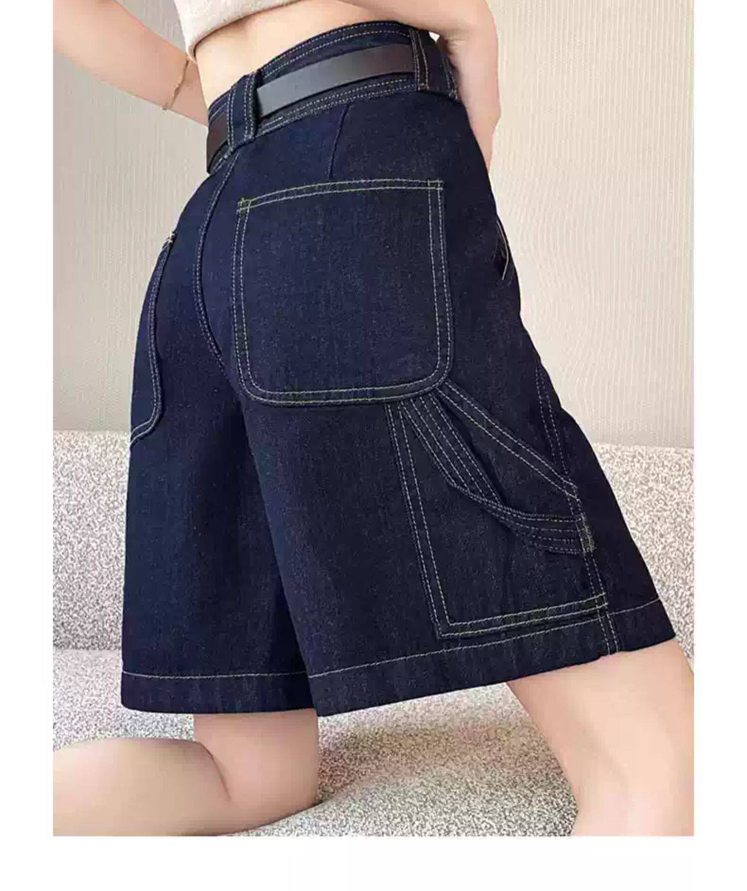 Quần jean nữ ống rộng cạp cao dáng suông — Trắng với vành đai chi tiết 2