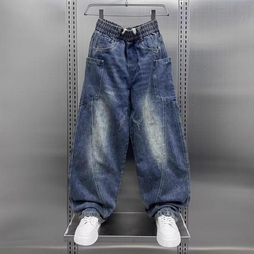 Autumn and winter new arrival denim pants—men's multi-pocket loose straight-leg pants, youth-style washed vintage trendy bootcut pants.