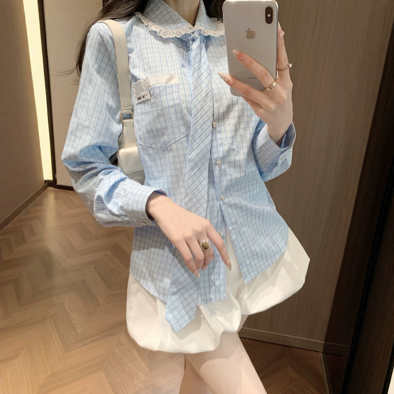 High-Quality Miu Pocket Lace-Trimmed Plaid Shirt with Tie, Casual Style Loose Long-Sleeve Jacket, Sweet Girl Top High-Quality Miu Pocket Lace-Trimmed Plaid Shirt with Tie, Casual Style Loose Long-Sleeve Jacket, Sweet Girl Top