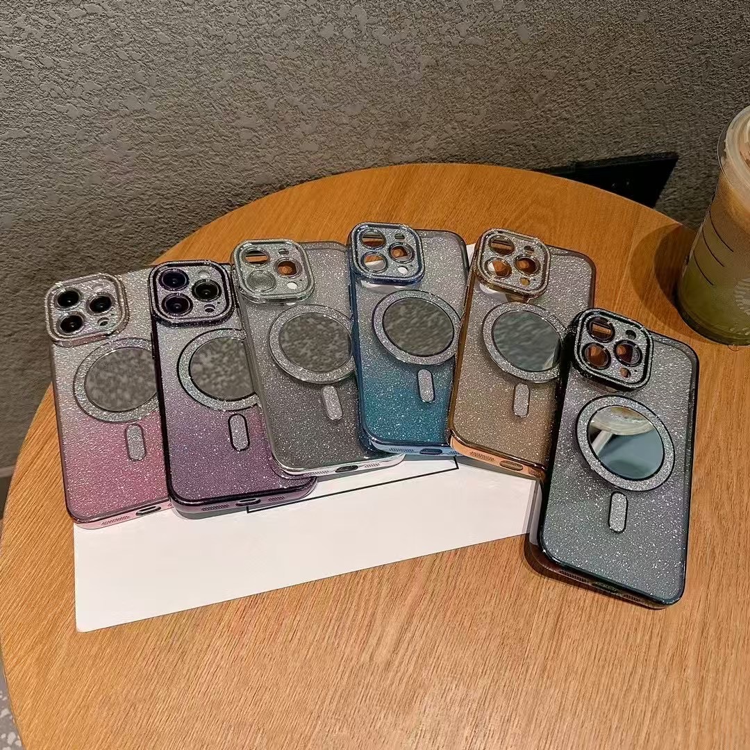 适用iPhone16PROMAX手机壳电镀闪钻镜子闪粉磁吸苹果15保护套防滑