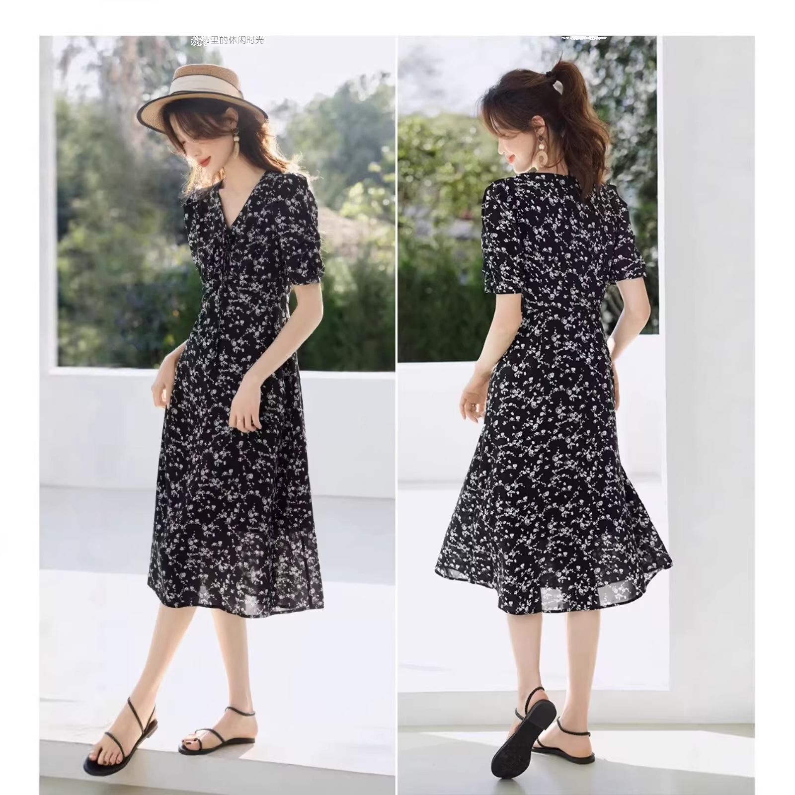 Váy hoa maxi tay bồng kiểu Pháp thắt eo — đen chi tiết 1