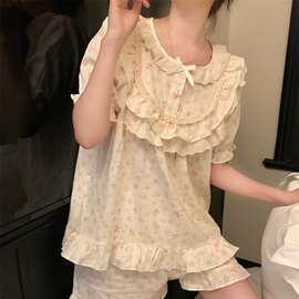 可爱少女宫廷风甜美花边粉色小碎花家居服宽松短袖短裤睡衣套装