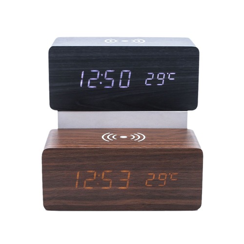 Cross-border smart LED wooden clock digital electronic alarm clock charging clock bedside wireless charging digital wood clock