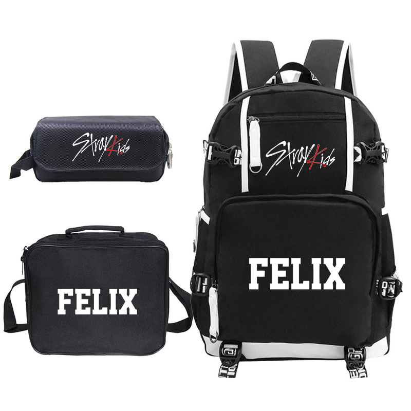 Stray Kids Combination Peripheral Korean School Bag Set Cross-Border Fashion Backpack Primary School Student Pencil Bag Lunch Bag Stray Kids Combination Peripheral Korean School Bag Set Cross-Border Fashion Backpack Primary School Student Pencil Bag Lunch Bag