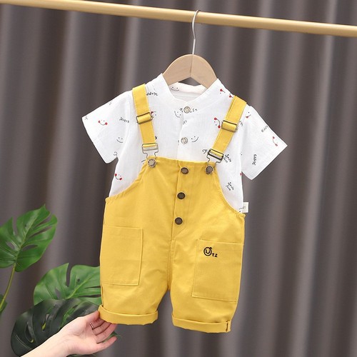 Summer Short Sleeve Ins Cute Print Smiley Overalls Set Children's Set 2020 Korean Version Fashion for Middle and Small Children