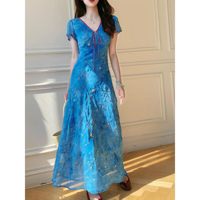 Summer New Style French Casual High-End Blue White Bias-Cut Printed Embroidery White Bias-Cut Short-Sleeved Dress Summer New Style French Casual High-End Blue White Bias-Cut Printed Embroidery White Bias-Cut Short-Sleeved Dress