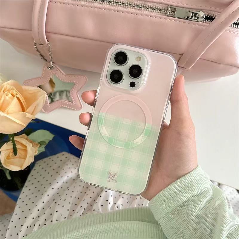 Estilo coreano ins florece costura a cuadros para iPhone16 soporte de amor 15ProMax funda para teléfono móvil Apple 14P