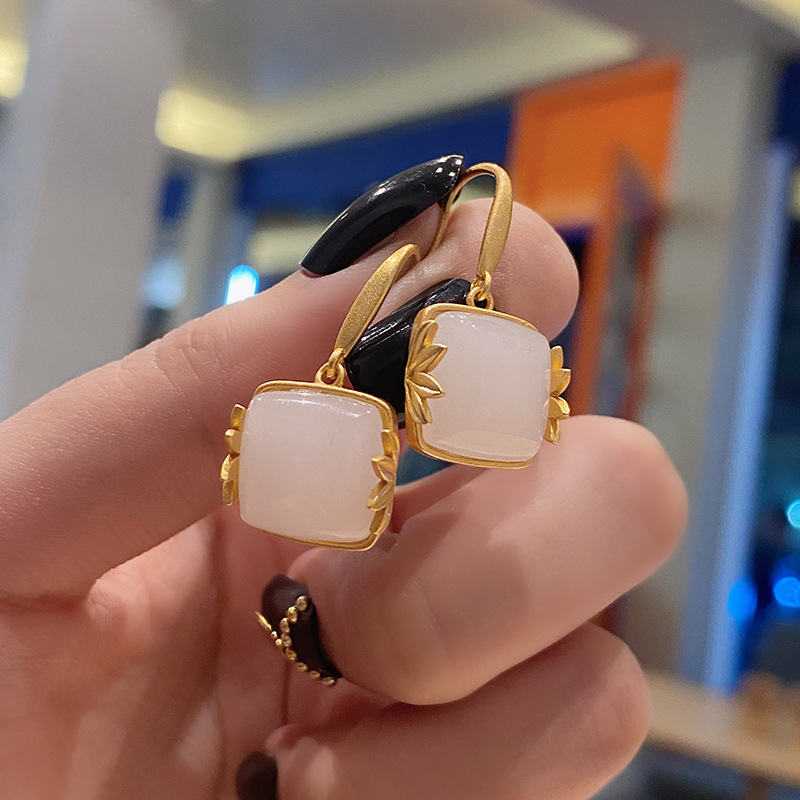 retro bamboo leaf antique white jade bamboo earrings