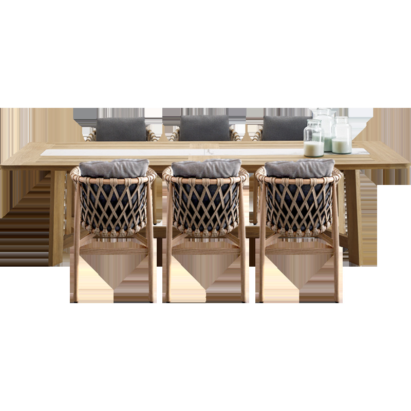 Mesas y sillas de teca para exteriores de villa, mesa larga de madera anticorrosión de diseño de alta gama para patio, jardín y hotel, con tejido de cuerda.