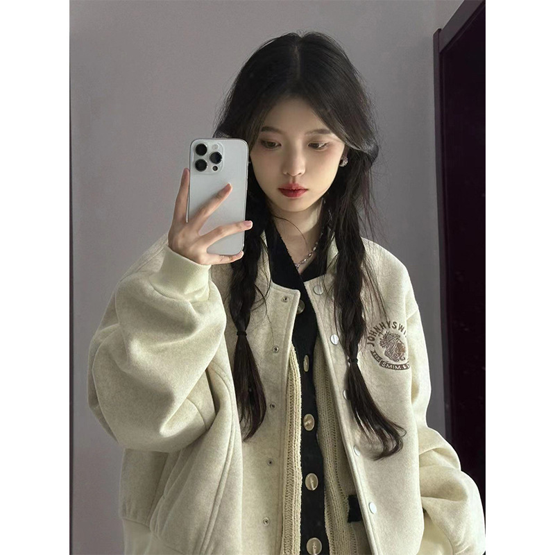 美式oversize毛呢外套女春秋设计感小众秋冬季加厚韩系短款棒球服|undefined