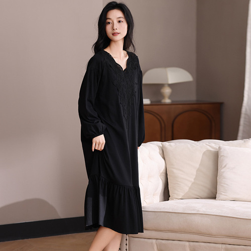 净版甜美公主风白色长袖睡裙女性感夏季黑色长款连衣裙少女家居服