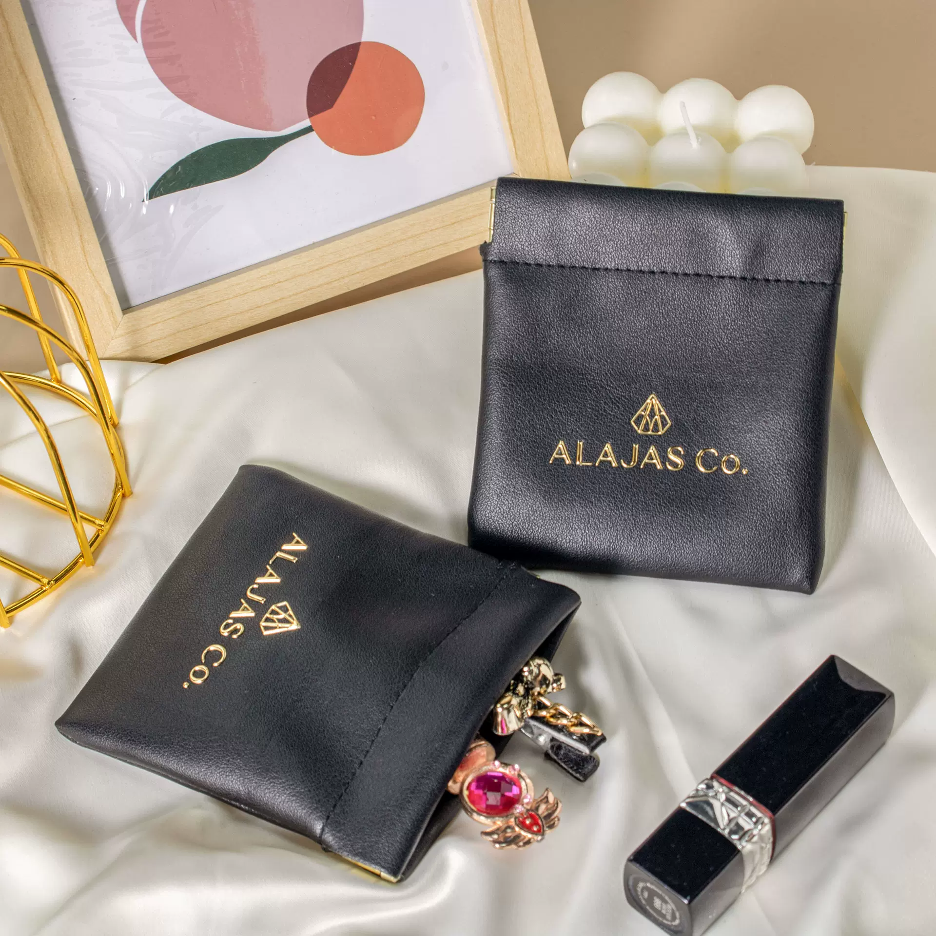 供应黑色弹片拉链皮革袋珠宝耳饰化妆品收纳袋便携迷你印LOGO