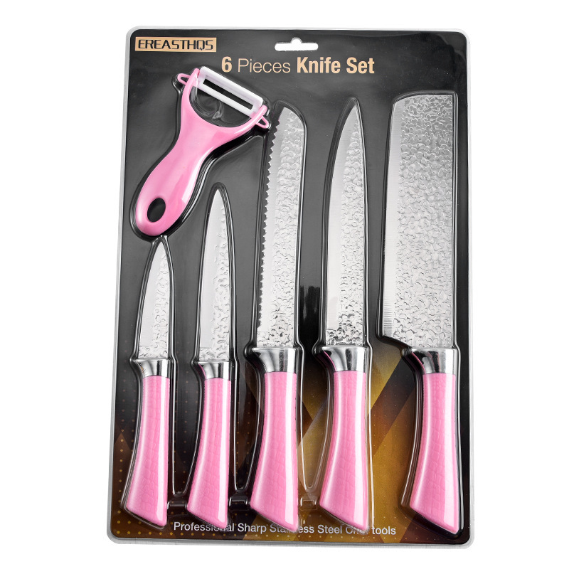 Juego de seis piezas con mango de herradura estampado en martillo (rosa)